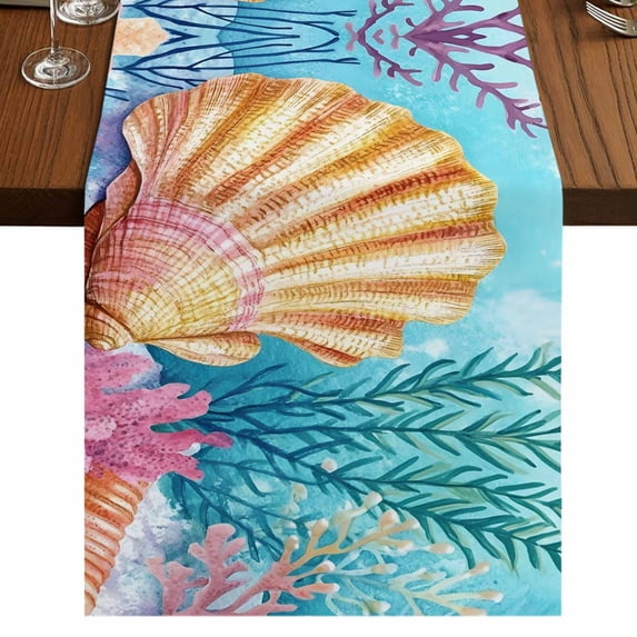 Summer Ocean 108 Inch Table Runner, Coastal Vintage Shell Coral Farmhouse Dresser Scarf Cotton & Linen Tablerunner for Dining/Kitchen Island/Holiday Party Décor 13" x 108"