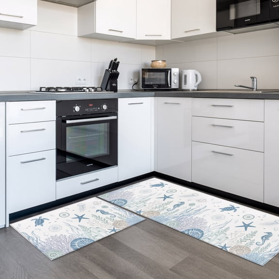 Summer Ocean 2 Pieces Non-Slip Kitchen Mat Set, Coastal Nautical Sea Turtle Seahorse Shell Starfish Coral Soft Door Mat with Rubber Backing, Dirtproof Rugs for Entrance, 23.6x35.4in+23.6x70.9in