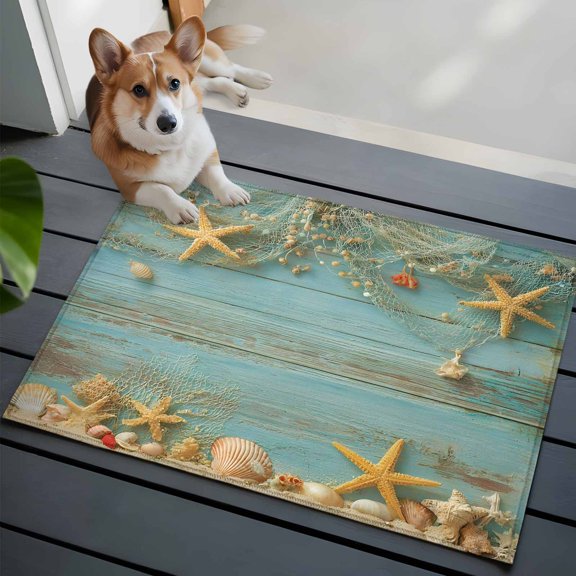 Summer Ocean 2x3 Area Rugs for Living Room, Seaside Fishing Nets Starfish Shell Teal Wood Grain Non Slip Floor Mat Washable Low-Profile Indoor Carpet for Bedroom, Dining Room, Bathroom