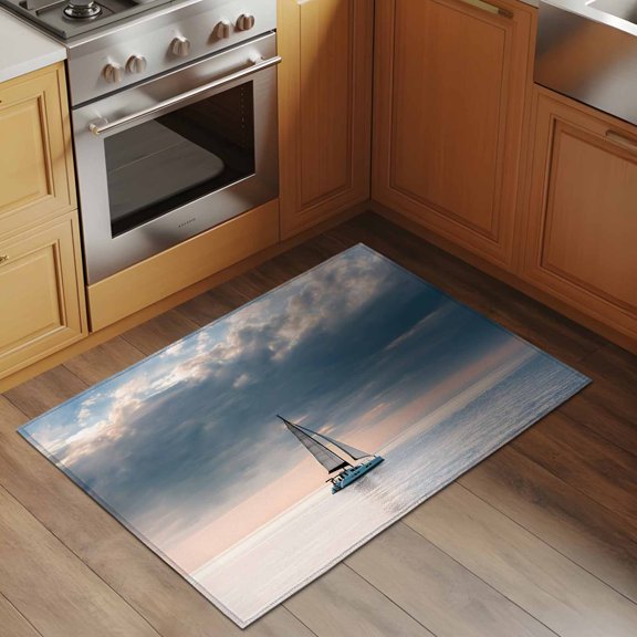 Summer Ocean 2x3 Rug for Entryway Front Door Kitchen Sink Area, Blue Sea Sky Dark Cloud Nautical Sailboat Seascape Low Pile Washable Non Slip Rectangle Area Rug