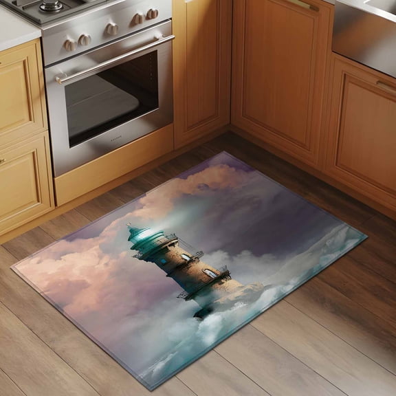 Summer Ocean 2x3 Rug for Entryway Front Door Kitchen Sink Area, Brown Bright Lighthouse Sea Wave White Spray Seascape Low Pile Washable Non Slip Rectangle Area Rug