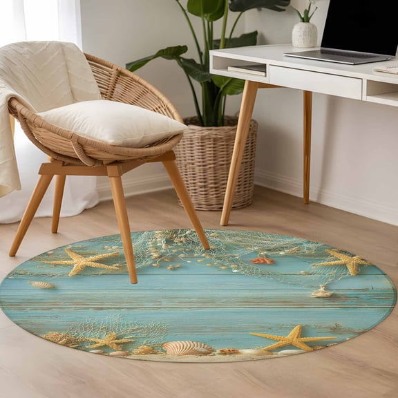 Summer Ocean 3.3ft Round Rug for Bedroom Reading Corner, Seaside Fishing Nets Starfish Shell Teal Wood Grain Washable Non Slip Circle Area Rug
