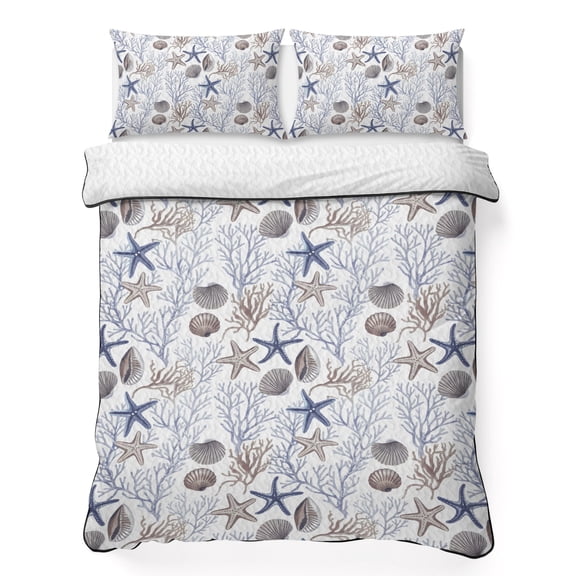 Summer Ocean 3 Piece Quilt Bedding Set with 2 Pillow Shams, Blue Brown Shell Starfish Coral Conch Nautical Lightweight Bedspread Coverlet, Soft Breathable All Season Quilt, 68 x 98 Inch