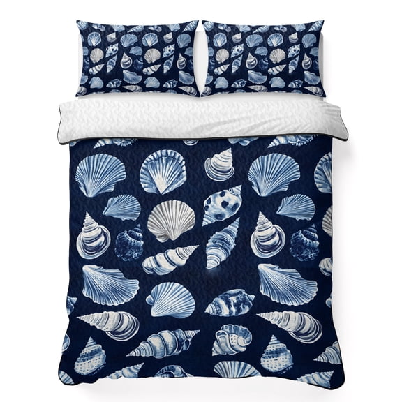 Summer Ocean 3 Piece Quilt Bedding Set with 2 Pillow Shams, Modern Blue Shell Conch Nautilus Lightweight Bedspread Coverlet, Soft Breathable All Season Quilt, 68 x 98 Inch