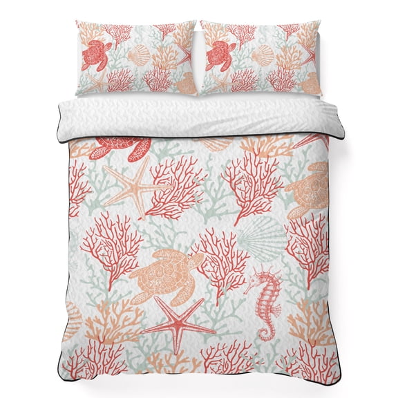 Summer Ocean 3 Piece Quilt Bedding Set with 2 Pillow Shams, Red and Blue Coral and Turtle Lightweight Bedspread Coverlet, Soft Breathable All Season Quilt, 68 x 98 Inch