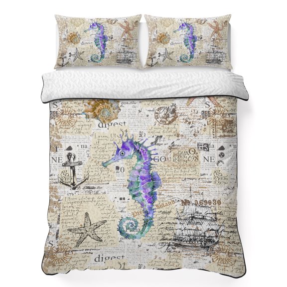 Summer Ocean 3 Piece Quilt Bedding Set with 2 Pillow Shams, Seahorse Seashell Starfish Vintage Sailing Boat Lightweight Bedspread Coverlet, Soft Breathable All Season Quilt, 68 x 98 Inch