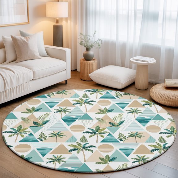Summer Ocean 3' Round Rug for Bathroom Accent Bedside Corner, Coastal Minimalist Palm Tree Abstract Geometric Art Washable Non Slip Soft Circle Area Rug for Small Spaces Entryway