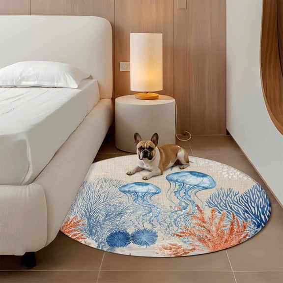 Summer Ocean 3ft Round Rug for Bathroom Accent Bedside Corner, Coastal Jellyfish Orange Corals Shells Rustic Washable Non Slip Circle Area Rug for Small Spaces