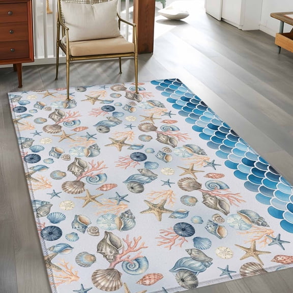 Summer Ocean 3x5 Rug for Bedroom Foot of Bed Small Living Room, Coastal Starfish Conch Shell Blue Wave Seascape Washable Non Slip Rectangle Area Rug