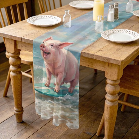 Summer Ocean 4.5ft Cheesecloth Table Runner for Wedding 19"x55", Watercolor Funny Pig Teal Surfboard Coastal Wave Kitchen Dinner Sheer Tulle Chiffon Dresser Scarf, Holiday Party Decorations