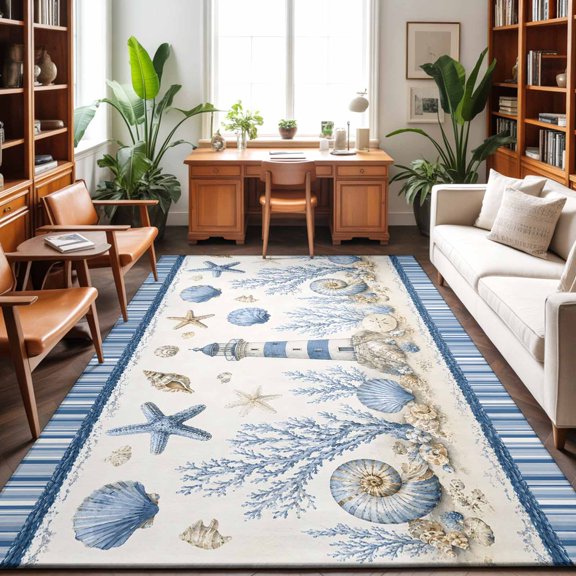 Summer Ocean 4'x6' Rug for Dining Table for 4 People Under Table, Nautical Blue Lighthouse Starfish Sea Shells Coral Stripes Washable Non Slip Rectangle Area Rug for Living Room