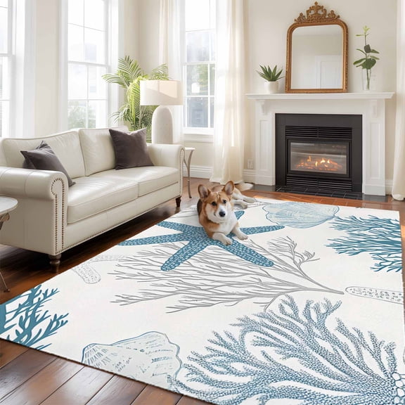 Summer Ocean 5x8 Rug for Bedroom Under Queen Bed Placement, Starfish Seashell Coral Marine Life Coastal Washable Non Slip Large Rectangle Area Rug