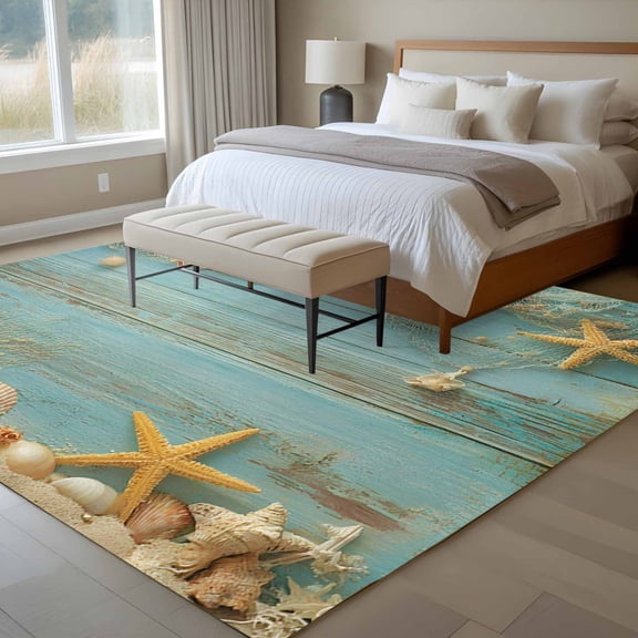 Summer Ocean 6x9 Rug for Dining Room Table and Chair Setup, Seaside Fishing Nets Starfish Shell Teal Wood Grain Low Pile Washable Non Slip Rectangle Area Rug