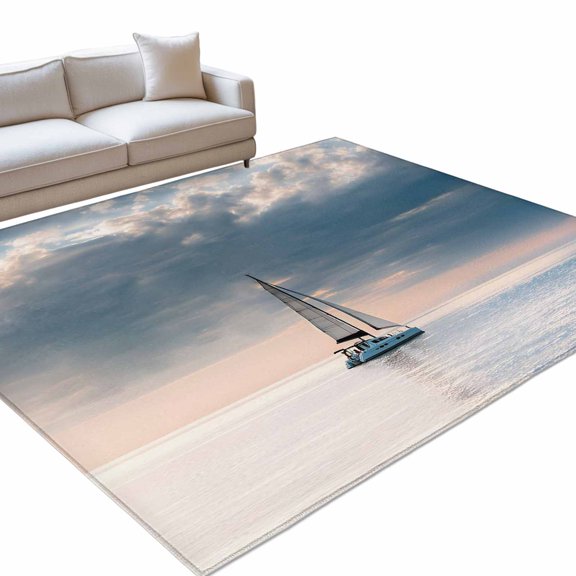 Summer Ocean 6x9ft Non Slip Area Rug Blue Sea Sky Dark Cloud Nautical Sailboat Seascape Washable&nbsp;Soft Area Rugs for Living Room, Indoor&nbsp;Circle Carpet for Bedroom Dining Room Kitchen