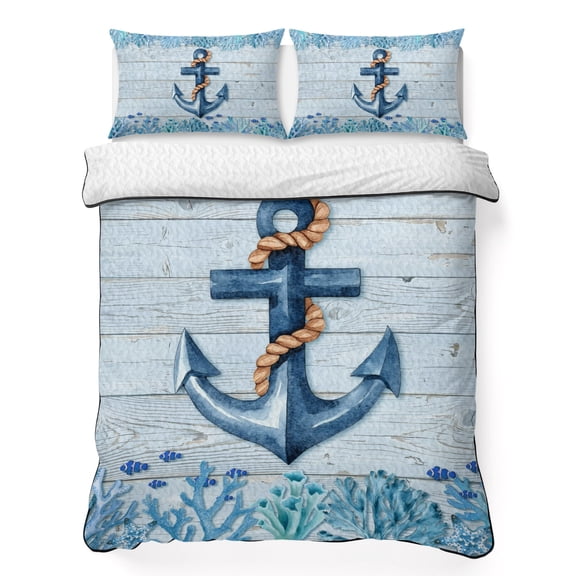 Summer Ocean Anchor 3 Piece Quilt Bedding Set with 2 Pillow Shams, Nautical Sea Blue Coral Fish Starfish Wood Grain Lightweight Bedspread Coverlet, Soft Breathable All Season Quilt, 68 x 98 Inch