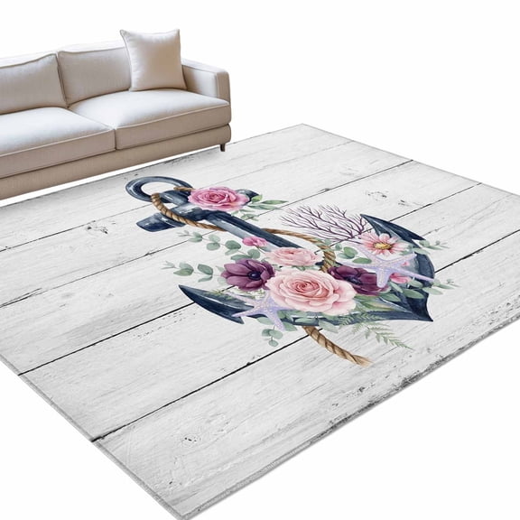 Summer Ocean Anchor Area Rugs 6x9ft Nautical Coastal Sea Anchor Red Rose Wood Grain Floor Rug Non Slip Low Pile Ultra Soft Throw Carpet for Entryway Indoor Entrance Kitchen Bathroom