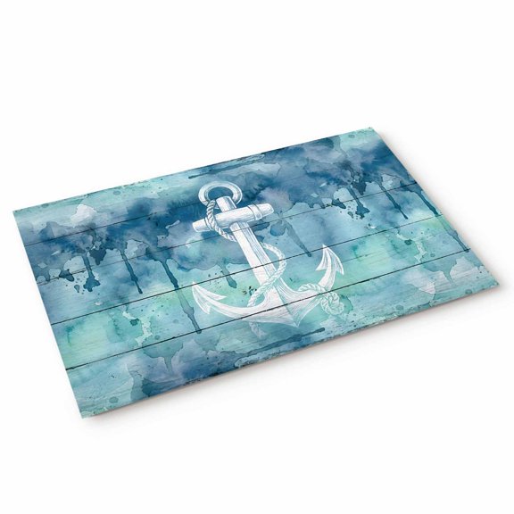 Summer Ocean Anchor Door Mat Nautical Watercolor Sea Blue Anchor Wood Grain Non Slip Absorbent Entrance Mat Washable Low Profile Indoor Doormat for Front Door Entryway Entry 16"x24"