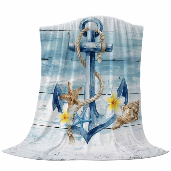 Summer Ocean Anchor Fleece Throw Blanket Lightweight Nautical Sea Blue Anchor Starfish Flower Wood Grain Fuzzy Flannel Throws Super Soft Cozy Flannel Blanket for Couch, Sofa, Bed, Travel 30"x40"