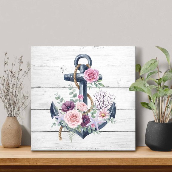 Summer Ocean Anchor Framed Canvas Wall Art, Nautical Coastal Sea Anchor Red Rose Wood Grain Wall Art Painting for Living Room Bedroom Home Decor, 20”x20”, Office Artwork Print