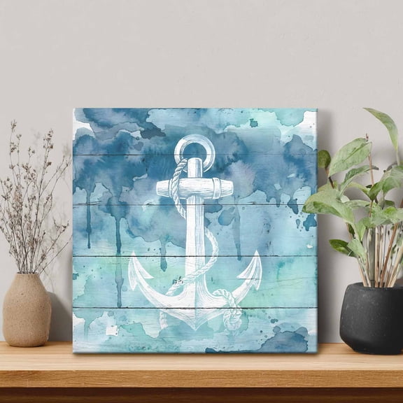 Summer Ocean Anchor Framed Canvas Wall Art, Nautical Watercolor Sea Blue Anchor Wood Grain Wall Art Painting for Living Room Bedroom Home Decor, 8”x8”, Office Artwork Print