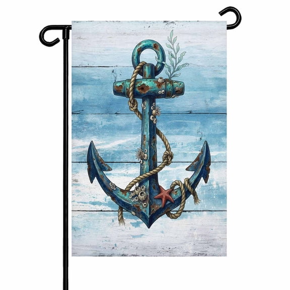 Summer Ocean Anchor Garden Flag 12x18 Inch Vintage Nautical Coastal Sea Blue Anchor Wood Grain Double Sided Small Decorative Garden Flags for Outside, Outdoor Yard Porch Lawn Decoration