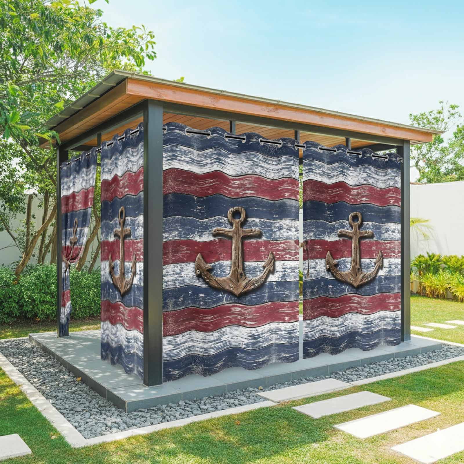 Summer Ocean Anchor Outdoor Curtains for Patio, Vintage Nautical Sea Anchor Blue Red Wood Grain Sunshade Privacy Drapes Grommet Waterproof Outside Curtains for Porch/Cabana/Balcony 54"x 108", 1 Panel