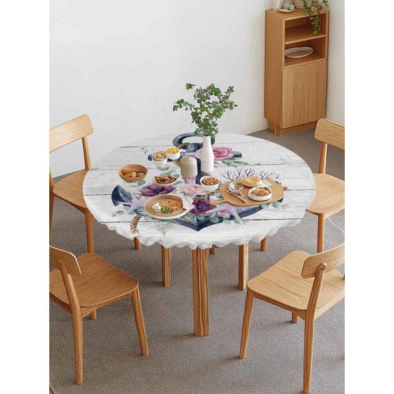 Summer Ocean Anchor Round Fitted Tablecloth with Elastic Edge, Nautical Coastal Sea Anchor Red Rose Wood Grain Waterproof Stretch Table Covers for 36"-44" Tables Wipeable Table Cloth for Outdoor