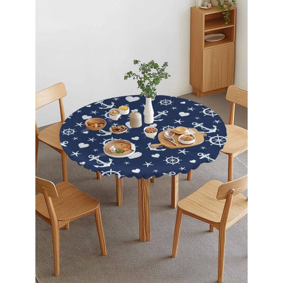Summer Ocean Anchor Round Fitted Tablecloth Elastic Edge, Nautical Coastal Sea Navy Blue Compass Love Heart Star Waterproof Stretch Table Covers for 36"-44" Tables Wipeable Table Cloth for Outdoor