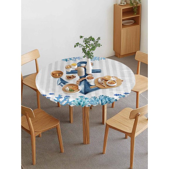 Summer Ocean Anchor Round Fitted Tablecloth with Elastic Edge, Nautical Sea Blue Coral Fish Starfish Gray Stripe Waterproof Stretch Table Covers for 36"-44" Tables Wipeable Table Cloth for Outdoor