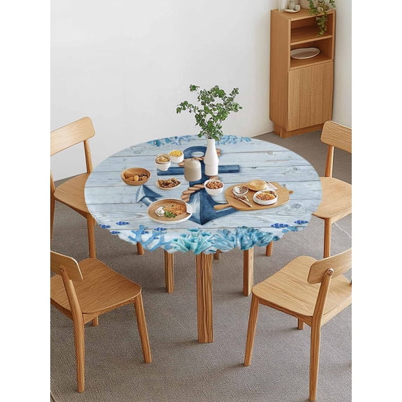 Summer Ocean Anchor Round Fitted Tablecloth with Elastic Edge, Nautical Sea Blue Coral Fish Starfish Wood Grain Waterproof Stretch Table Covers for 36"-44" Tables Wipeable Table Cloth for Outdoor