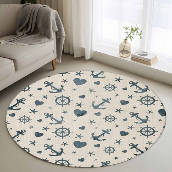 Summer Ocean Anchor Round Rugs for Living Room 3ft Vintage Nautical Sea Compass Love Heart Star Non Slip Circle Rug Washable Low-Profile Indoor Carpet for Bedroom, Dining Room, Bathroom