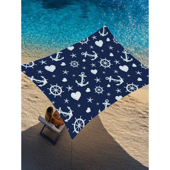 Summer Ocean Anchor Sun Shade Sail 6.5' x 10', Nautical Coastal Sea Navy Blue Compass Love Heart Star Rectangle Outdoor Sunshade Canopy, Waterproof UV Block Patio Covers for Garden Yard Beach