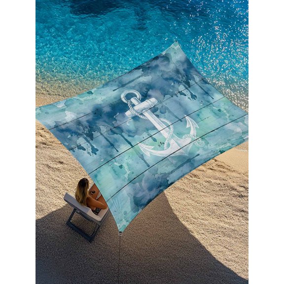 Summer Ocean Anchor Sun Shade Sail 6.5' x 10', Nautical Watercolor Sea Blue Anchor Wood Grain Rectangle Outdoor Sunshade Canopy, Waterproof UV Block Patio Covers for Garden Yard Beach