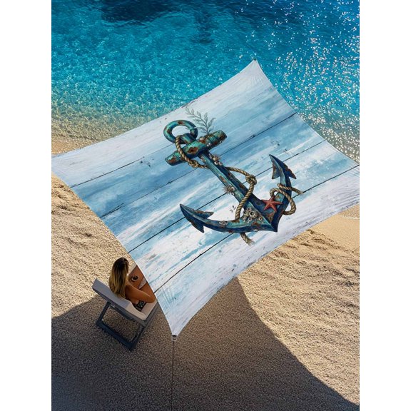 Summer Ocean Anchor Sun Shade Sail 6.5' x 10', Vintage Nautical Coastal Sea Blue Anchor Wood Grain Rectangle Outdoor Sunshade Canopy, Waterproof UV Block Patio Covers for Garden Yard Beach