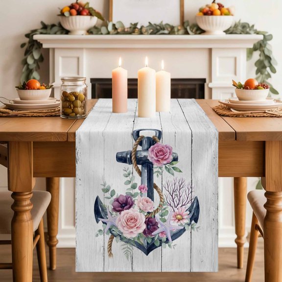 Summer Ocean Anchor Table Runner, Nautical Coastal Sea Anchor Red Rose Wood Grain Washable Cotton-linen Table Runners Dining Kitchen Decoration for Everyday Home Wedding Party Decor, 13 x 36 Inch