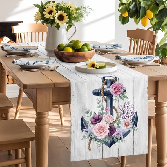 Summer Ocean Anchor Table Runner, Nautical Coastal Sea Anchor Red Rose Wood Grain Washable Kitchen Table Runners Dress Scarves for Dining Table Decorations Party/Restaurant, 13x36in