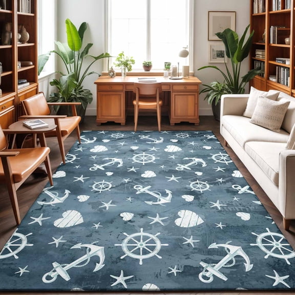 Summer Ocean Anchor Washable Area Rug 9 x 12 ft Nautical Coastal Sea Blue Compass Love Heart Star, Soft Non Slip Rugs Stain Repellent Indoor Felt Carpet for Living Dining Room Bedroom Home Office