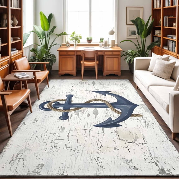 Summer Ocean Anchor Washable Area Rug 9 x 12 ft Vintage Nautical Coastal Sea Blue Anchor, Soft Non Slip Rugs Stain Repellent Indoor Felt Carpet for Living Dining Room Bedroom Home Office