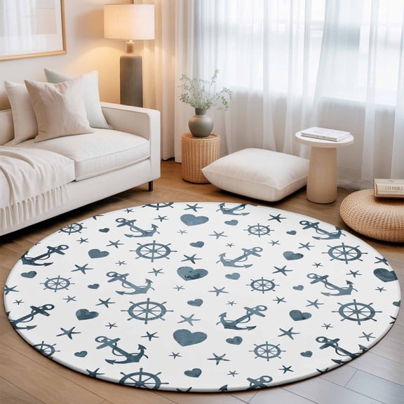 Summer Ocean Anchor Washable Round Area Rug 3 ft, Nautical Coastal Sea Compass Love Heart Star, Soft Non Slip Rugs Stain Repellent Indoor Felt Carpet for Living Dining Room Bedroom Home Office
