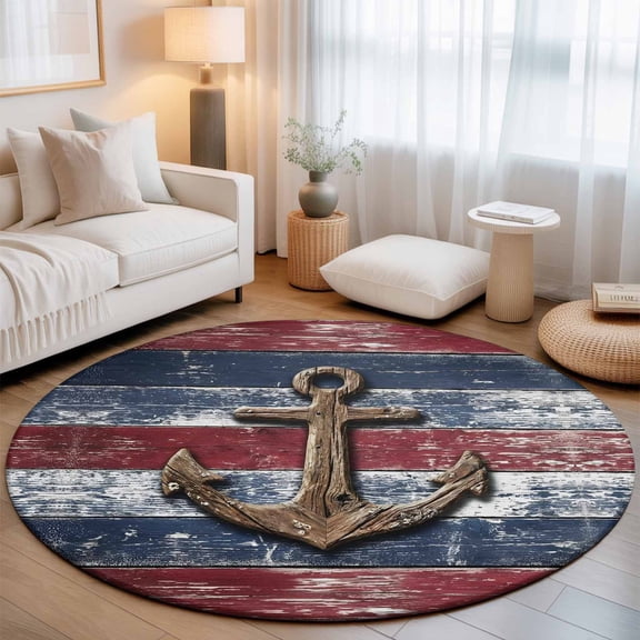 Summer Ocean Anchor Washable Round Area Rug 3 ft, Vintage Nautical Sea Anchor Blue Red Wood Grain, Soft Non Slip Rugs Stain Repellent Indoor Felt Carpet for Living Dining Room Bedroom Home Office