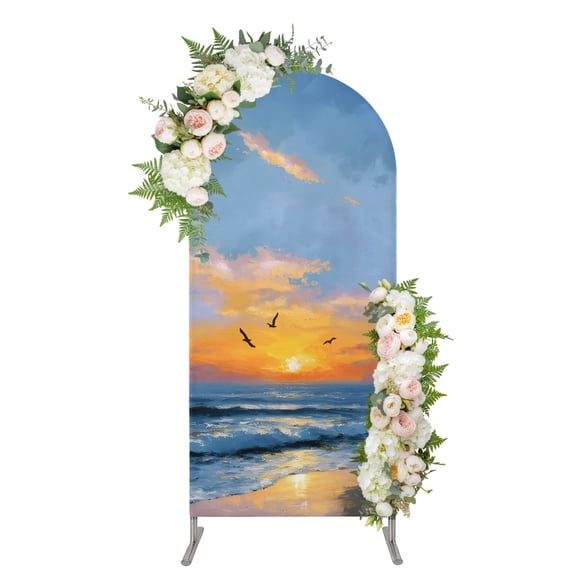 Summer Ocean Arch Backdrop Cover 4FT, Watercolor Waves Sunset Sky Oil Painting Art Spandex Fitted Stretchy Arch Stand Covers, Round Top Chiara Backdrop Cover for Wedding Party Birthday Baby Shower