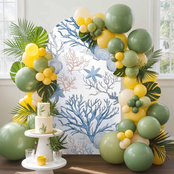 Summer Ocean Arch Backdrop Cover, 5FT, Blue Coral Seashell Starfish Nautical Coastal Spandex Arch Covers Double-Sided Backdrop for Wedding Birthday Party Photo Background Decoration