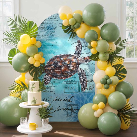 Summer Ocean Arch Backdrop Cover, 7.2FT, Sea Turtle Blue Watercolor Retro Spandex Arch Covers Double-Sided Backdrop for Wedding Birthday Party Photo Background Decoration