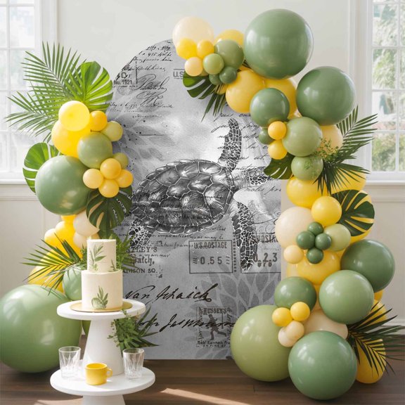 Summer Ocean Arch Backdrop Cover, 7.2FT, Sea Turtle Gray Watercolor Retro Spandex Arch Covers Double-Sided Backdrop for Wedding Birthday Party Photo Background Decoration