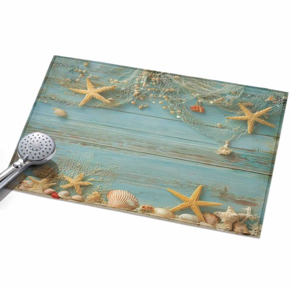 Summer Ocean Area Rugs 2x3ft Seaside Fishing Nets Starfish Shell Teal Wood Grain Floor Rug Non Slip Low Pile Ultra Soft Throw Carpet for Entryway Indoor Entrance Kitchen Bathroom