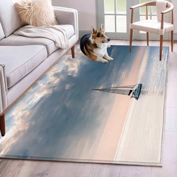 Summer Ocean Area Rugs 3x5 ft Blue Sea Sky Dark Cloud Nautical Sailboat Seascape Washable Rug Non Slip Indoor Carpet Absorbent Floor Mat for Living Room Bedroom Dining Room