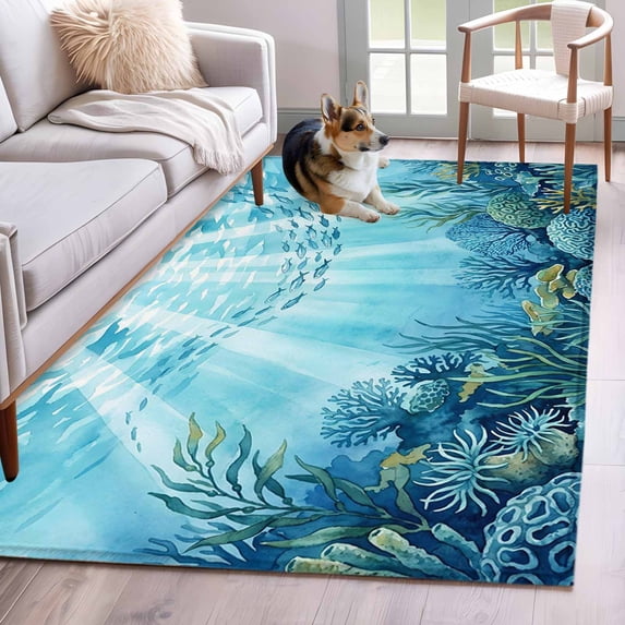 Summer Ocean Area Rugs 3x5 ft Nautical Watercolor Sea Coral Seaweed Fish Marine Life Washable Rug Non Slip Indoor Carpet Absorbent Floor Mat for Living Room Bedroom Dining Room