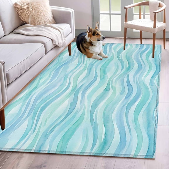 Summer Ocean Area Rugs 4x6 ft Abstract Teal Green Gradient Waves Watercolor Washable Rug Non Slip Indoor Carpet Absorbent Floor Mat for Living Room Bedroom Dining Room
