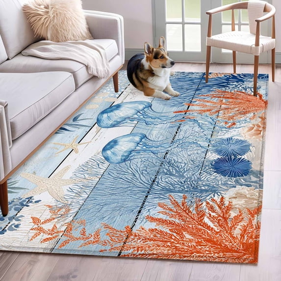 Summer Ocean Area Rugs 4x6 ft Coastal Jellyfish Orange Corals Shells Blue Wooden Washable Rug Non Slip Indoor Carpet Absorbent Floor Mat for Living Room Bedroom Dining Room