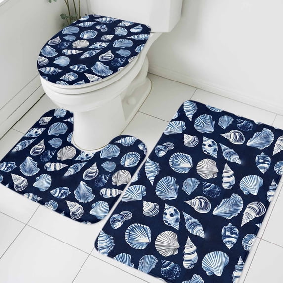Summer Ocean Bathroom Rugs Set Modern Blue Shell Conch Nautilus Non Slip Absorbent Soft Bath Mats 3 Piece Set with Bathroom Rug, U-Shaped Floor Mat, Toilet Seat Cover Small Size